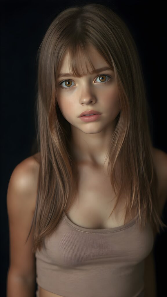 a (((realistic cute teen girl))), with straight soft long light brown hair, (full lips), and ((big amber eyes, round face)) that exude innocence, paired with a (short cropped tank top) that emphasizes her perfect body, (perfect skin), her figure is so perfectly proportioned that it defies reality, (((against a black backdrop))) ((upper body portrait))