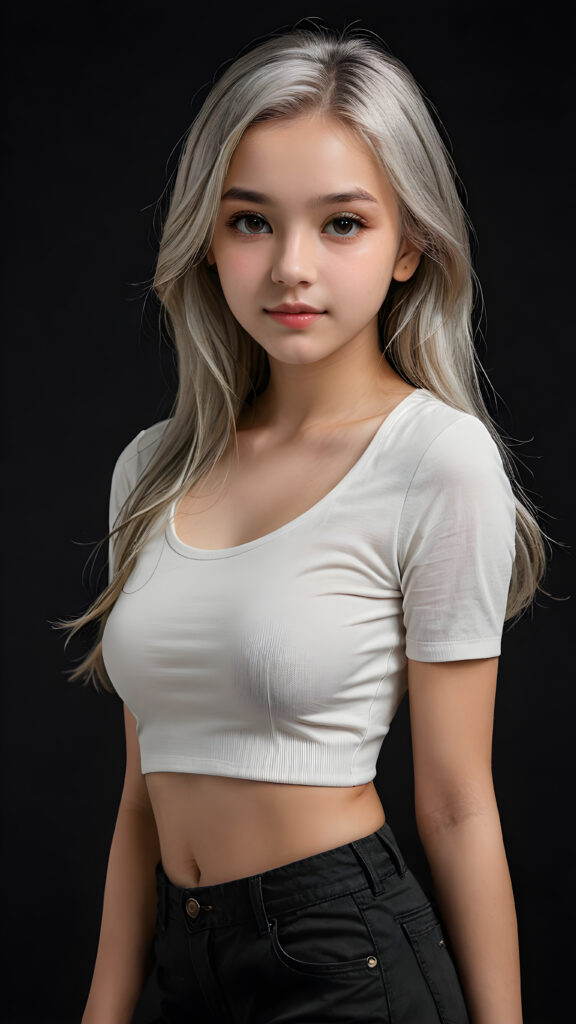 a (((realistic and detailed portrait))) of a stunning teen girl, 15 years old, dressed in a white sleek crop top that showcases her perfectly curved body with grey short pants and long, straight white hair framing an angelically round face, cast against a (((softly shadowed black backdrop))), highlighting every exquisite detail