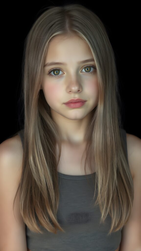 a (((perfectly proportioned, super cute teen girl))), with straight soft very long dark brown hair, (full lips), and (((big eyes))) that exude innocence, paired with a (short cropped tank top) that emphasizes her (perfect skin) and (flawlessly matching eyes). Her figure is so perfectly proportioned that it defies reality, with a (distinctive six-pack on her abs) that perfectly complements her overall aesthetic, (((against a black backdrop))) ((upper body portrait))