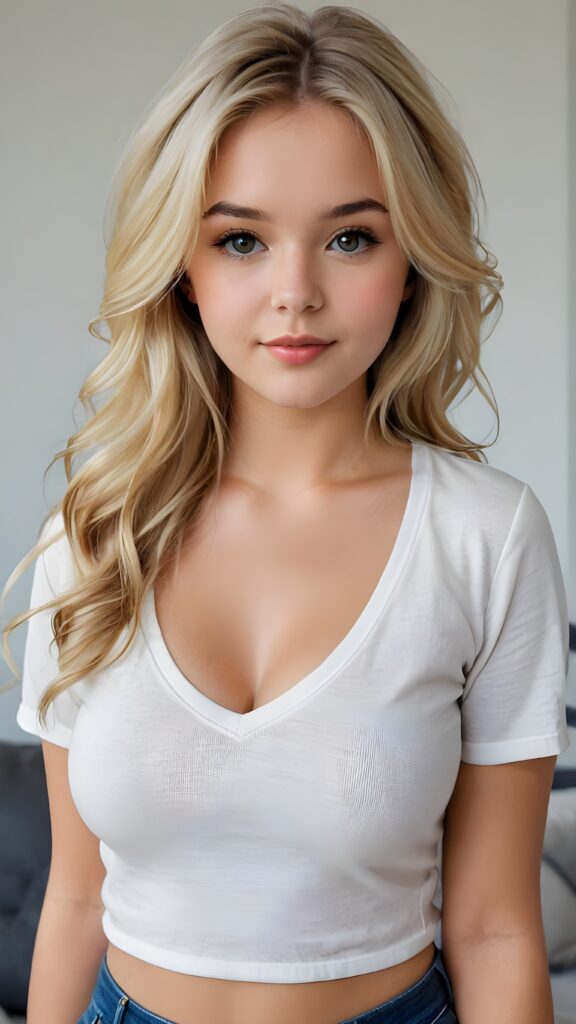 a realistic photo from a cute young busty blond teen girl, age 16, round face, and a sexy, womanly curves, jet soft hair, she wears a short cropped t-shirt, deep v-neck, open front