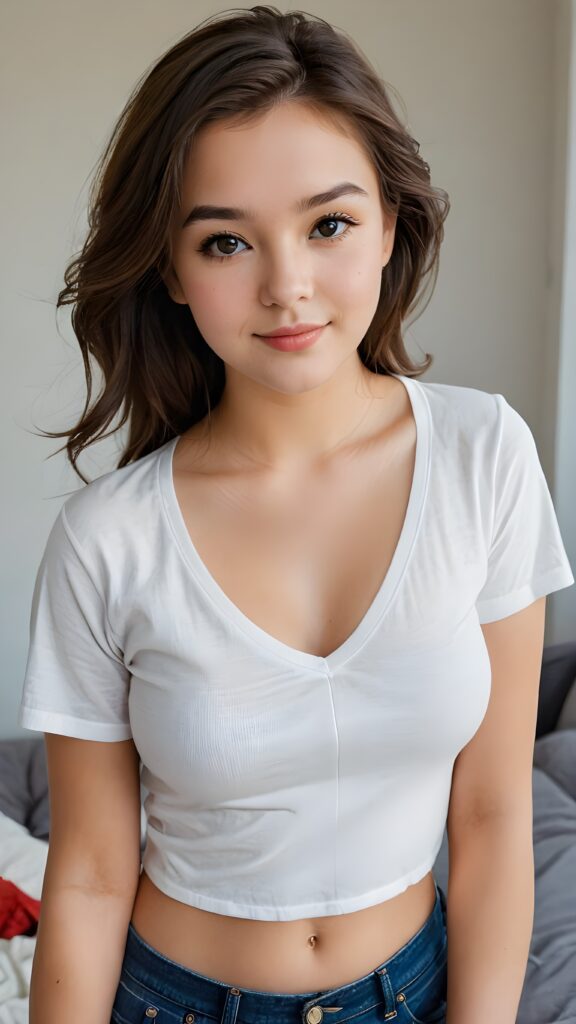 a realistic photo from a cute young teen girl, age 16, round face, and a sexy, womanly curves, she wears a short cropped t-shirt, deep v-neck, open front