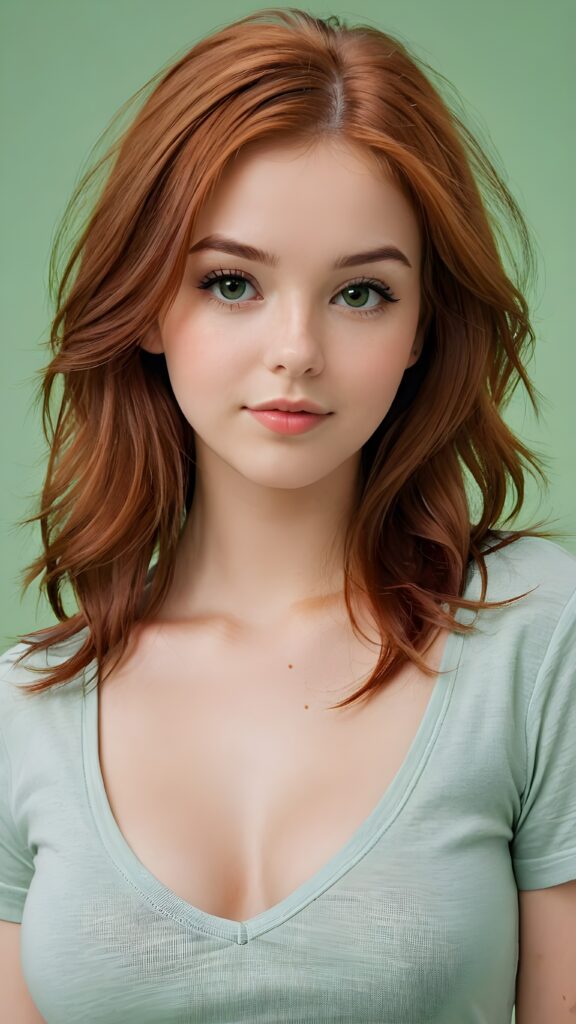 a realistic photo from a cute stunning young red haired teen girl, age 16, round face, and a sexy, womanly curves, she wears a short cropped t-shirt, deep v-neck, open front, soft jet straight hair, light green eyes, full lips