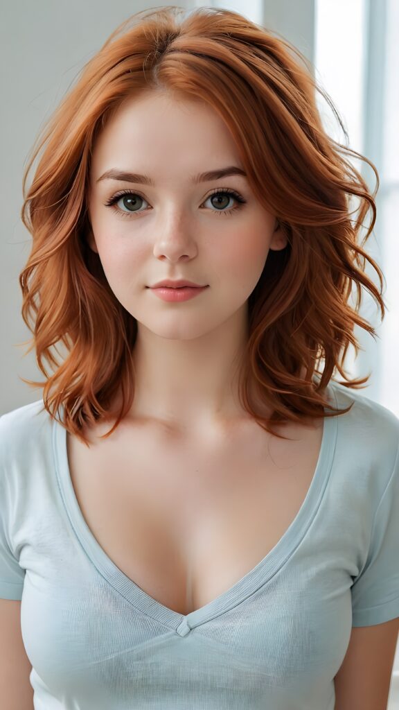 a realistic photo from a cute stunning young red haired teen girl, age 16, round face, and a sexy, womanly curves, she wears a short cropped t-shirt, deep v-neck, open front, soft hair