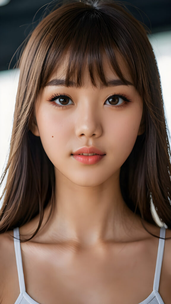 a realistic photo from a beautiful Japanese teen girl, 13 years old, soft straight hair, bangs cut, realistic detailed close-up shot, skimpy and lightly dressed, full lips, ((dark eyes)), full, plump lips, white teeth, open mouth, detailed beautiful shining eyes