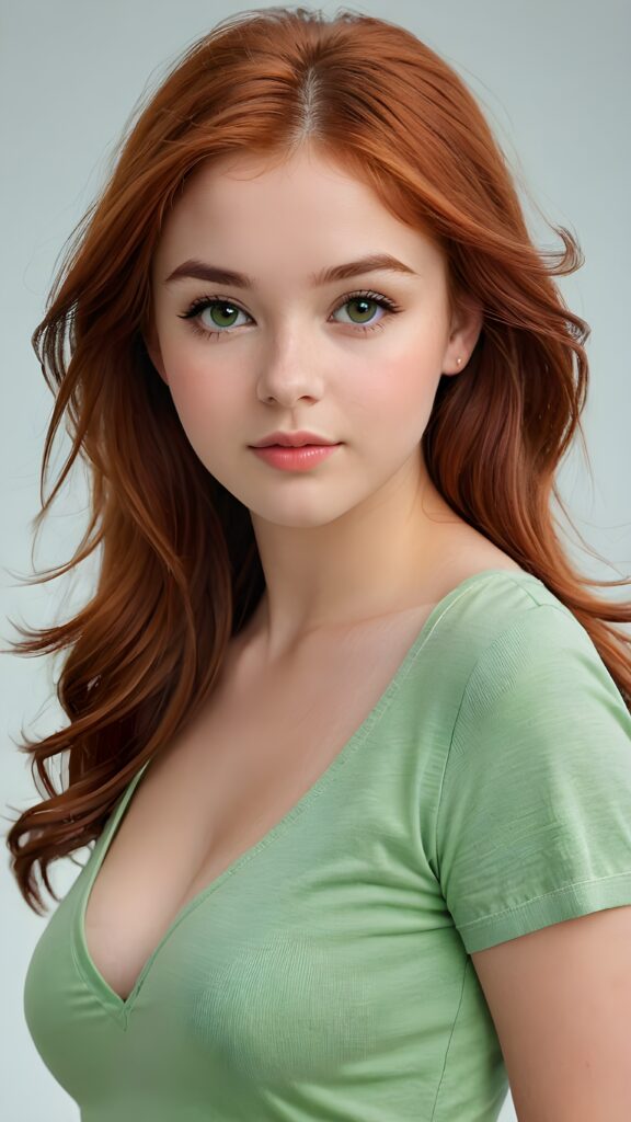 a realistic photo from a cute stunning young red haired teen girl, age 16, round face, and a sexy, womanly curves, she wears a short cropped t-shirt, deep v-neck, open front, soft jet straight hair, light green eyes, full lips