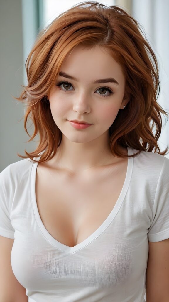 a realistic photo from a cute stunning young red haired teen girl, age 16, round face, and a sexy, womanly curves, she wears a short cropped t-shirt, deep v-neck, open front, soft hair