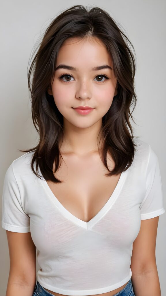 a realistic photo from a cute young teen girl, age 16, round face, and a sexy, womanly curves, she wears a short cropped t-shirt, deep v-neck, open front