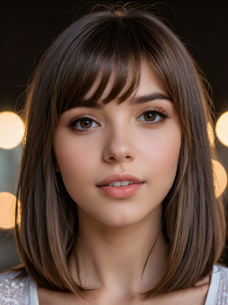 a realistic photo from a beautiful long bob brown haired teen girl, soft straight hair, bangs, realistic detailed close-up shot, skimpy and lightly dressed, full lips, ((dark eyes, her eyes shine)), full, plump lips, white teeth, open mouth