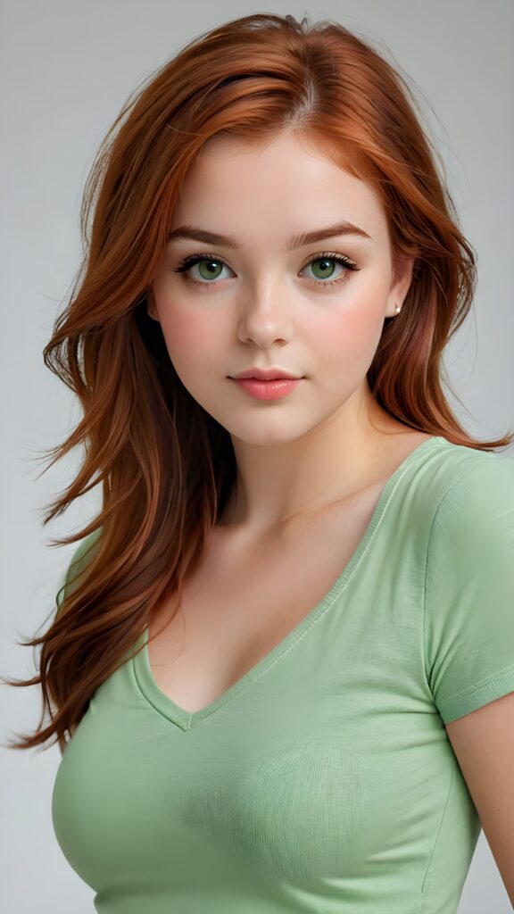 a realistic photo from a cute stunning young red haired teen girl, age 16, round face, and a sexy, womanly curves, she wears a short cropped t-shirt, deep v-neck, open front, soft jet straight hair, light green eyes, full lips