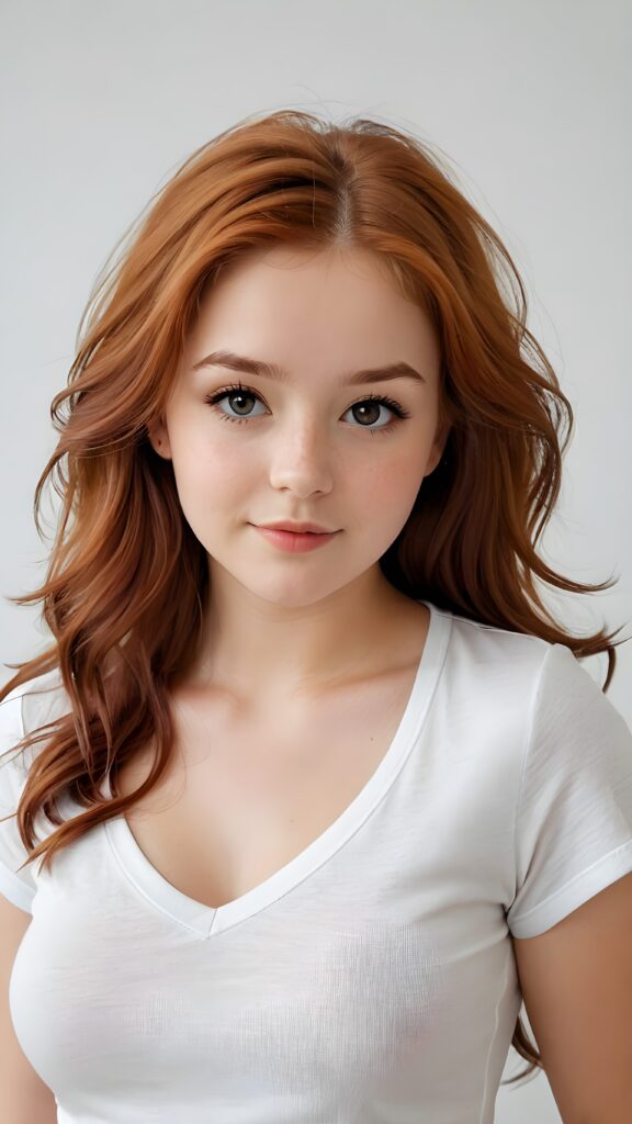 a realistic photo from a cute stunning young red haired teen girl, age 16, round face, and a sexy, womanly curves, she wears a short cropped t-shirt, deep v-neck, open front, soft hair