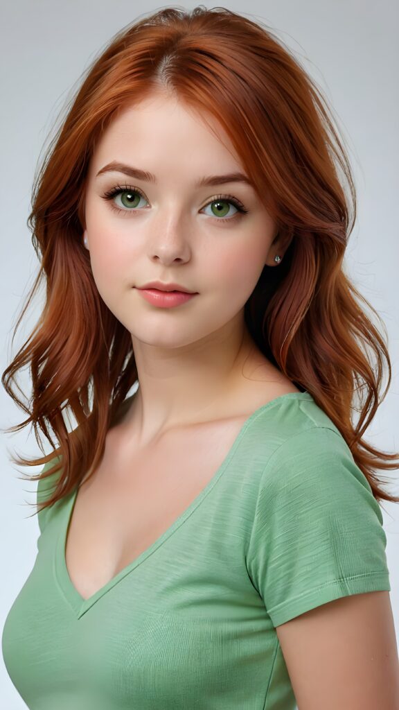 a realistic photo from a cute stunning young red haired teen girl, age 16, round face, and a sexy, womanly curves, she wears a short cropped t-shirt, deep v-neck, open front, soft jet straight hair, light green eyes, full lips