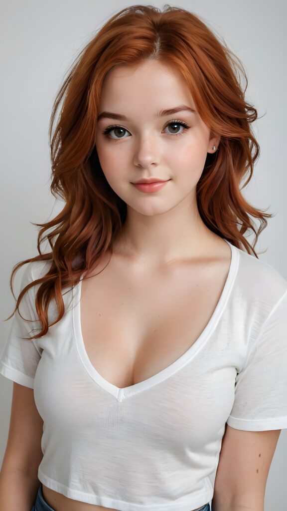 a realistic photo from a cute stunning young red haired teen girl, age 16, round face, and a sexy, womanly curves, she wears a short cropped t-shirt, deep v-neck, open front, soft hair