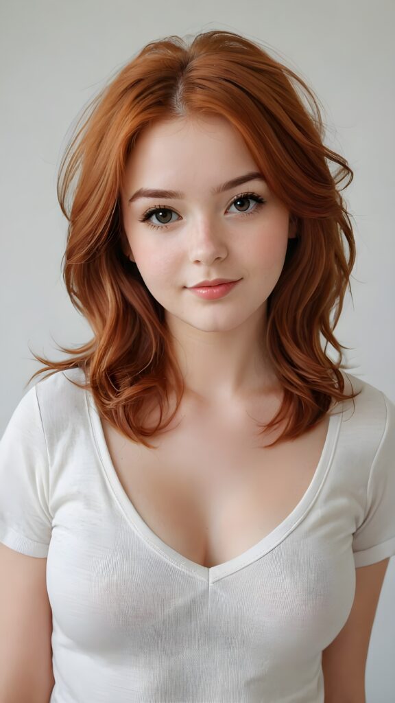 a realistic photo from a cute stunning young red haired teen girl, age 16, round face, and a sexy, womanly curves, she wears a short cropped t-shirt, deep v-neck, open front, soft hair