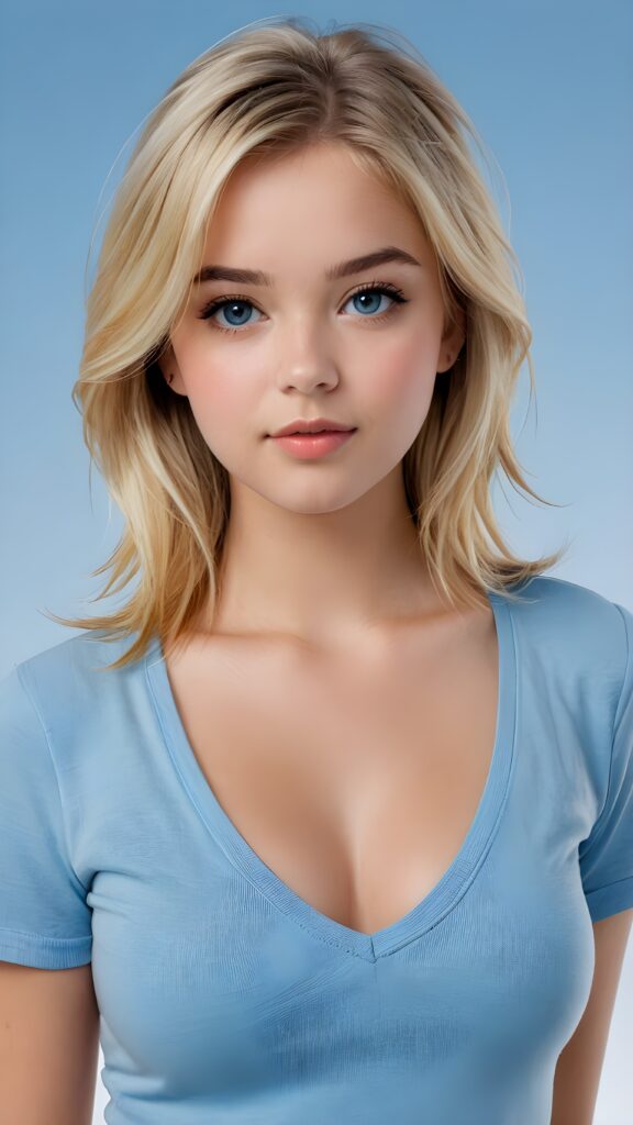 a realistic photo from a cute stunning young blond teen girl, age 16, round face, and a sexy, womanly curves, she wears a short cropped t-shirt, deep v-neck, open front, soft jet straight hair, light blue eyes, full lips