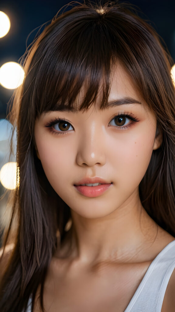 a realistic photo from a beautiful Japanese teen girl, 13 years old, soft straight hair, bangs cut, realistic detailed close-up shot, skimpy and lightly dressed, full lips, ((dark eyes)), full, plump lips, white teeth, open mouth, detailed beautiful shining eyes