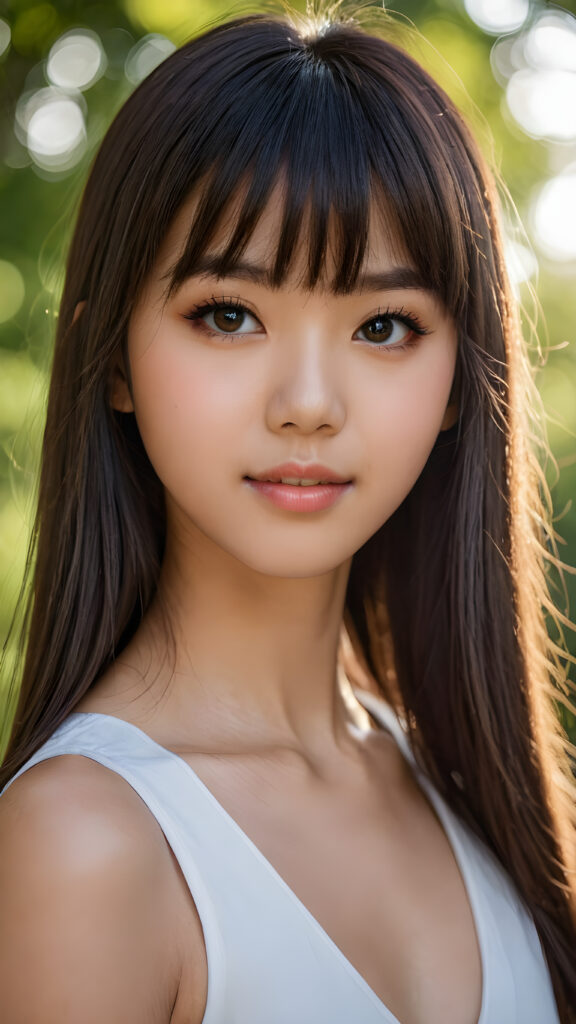 a realistic photo from a beautiful Japanese teen girl, 13 years old, soft straight hair, bangs cut, realistic detailed close-up shot, skimpy and lightly dressed, full lips, ((dark eyes)), full, plump lips, white teeth, open mouth, detailed beautiful shining eyes