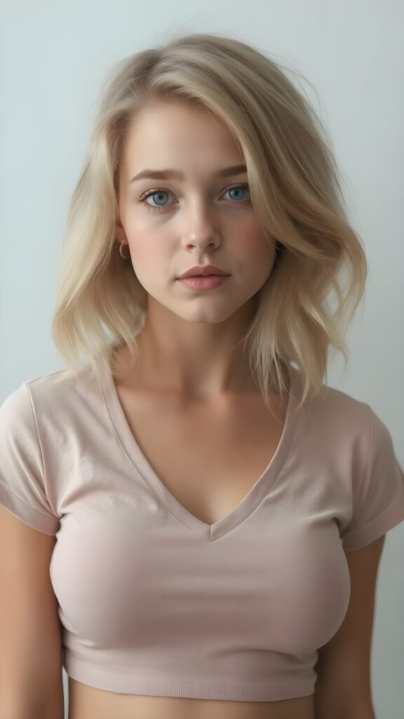 a realistic photo from a cute young busty blond teen girl, age 16, round face, and a sexy, womanly curves, jet soft hair, she wears a short cropped t-shirt, deep v-neck, open front