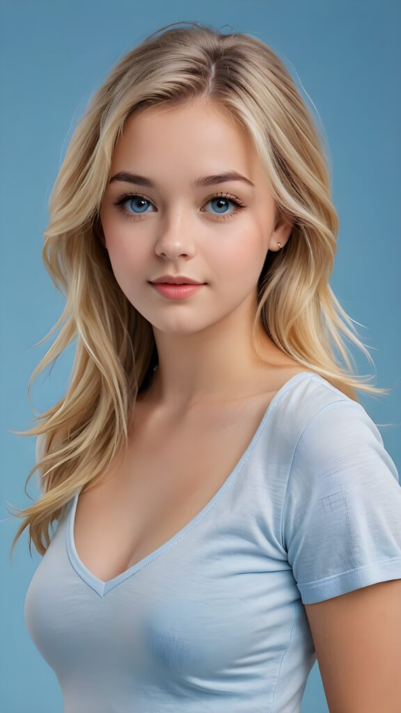 a realistic photo from a cute stunning young blond teen girl, age 16, round face, and a sexy, womanly curves, she wears a short cropped t-shirt, deep v-neck, open front, soft jet straight hair, light blue eyes, full lips