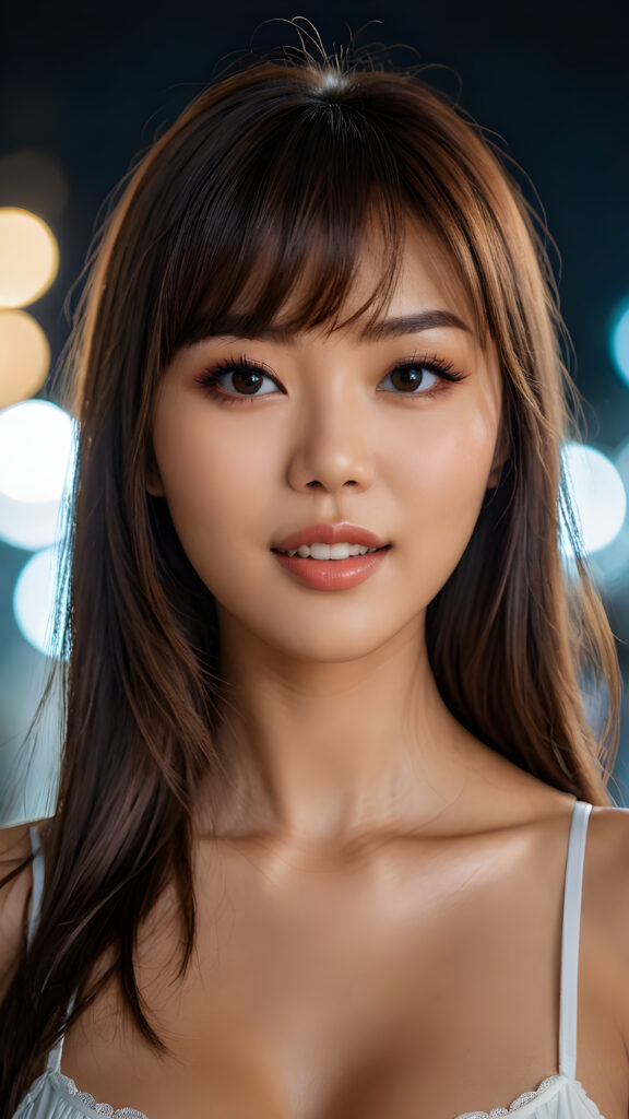 a realistic photo from a beautiful stunning and gorgeous busty Asian model girl, soft straight brown hair, bangs cut, skimpy and lightly dressed, full lips, ((dark eyes)), white teeth, open mouth, detailed beautiful shining eyes