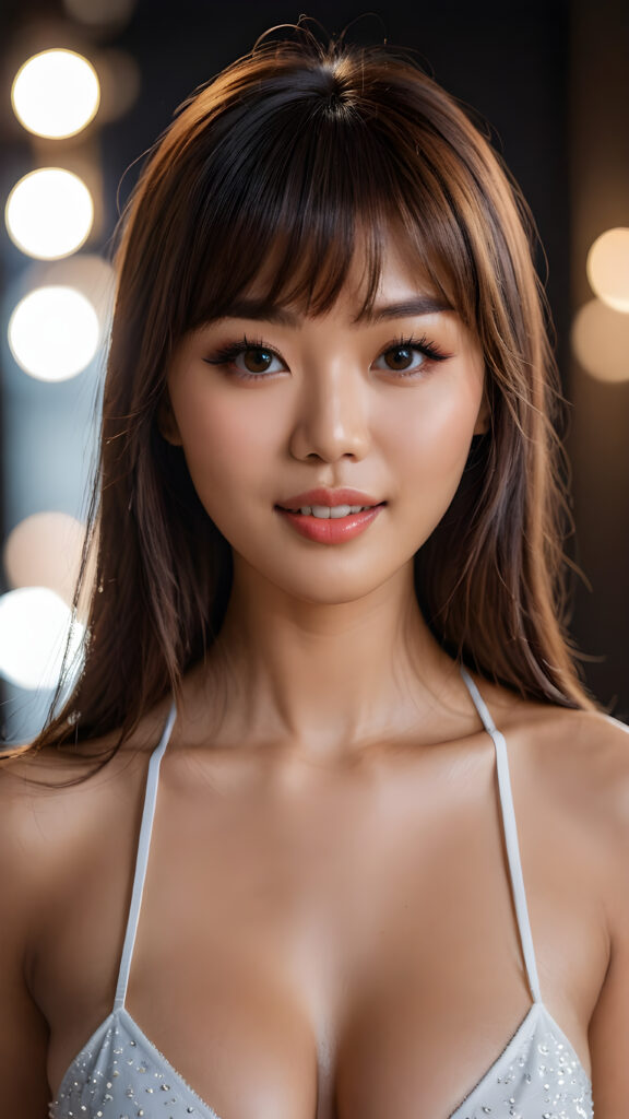 a realistic photo from a beautiful stunning and gorgeous busty Asian model girl, soft straight brown hair, bangs cut, skimpy and lightly dressed, full lips, ((dark eyes)), white teeth, open mouth, detailed beautiful shining eyes