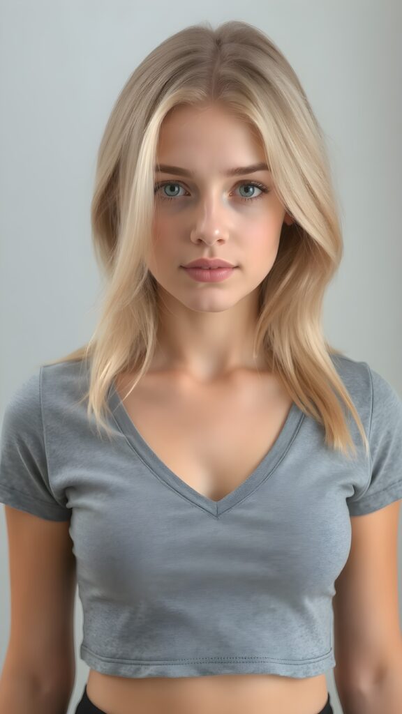 a realistic photo from a cute young busty blond teen girl, age 16, round face, and a sexy, womanly curves, jet soft hair, she wears a short cropped t-shirt, deep v-neck, open front