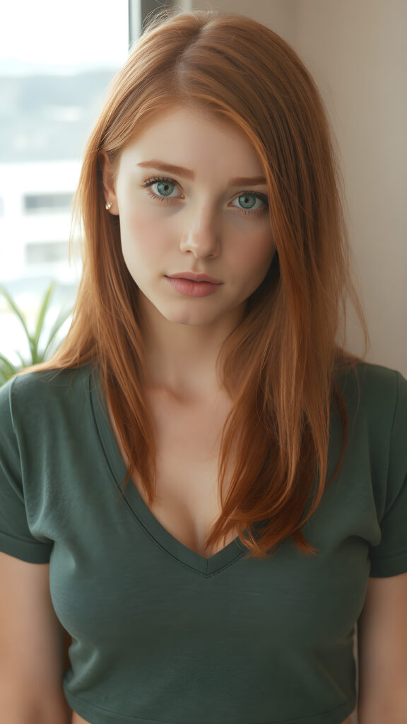 a realistic photo from a cute stunning young red haired teen girl, age 16, round face, and a sexy, womanly curves, she wears a short cropped t-shirt, deep v-neck, open front, soft jet straight hair, light green eyes, full lips