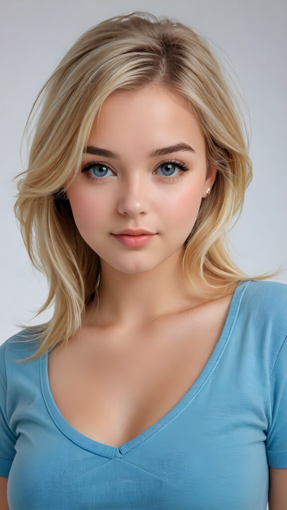 a realistic photo from a cute stunning young blond teen girl, age 16, round face, and a sexy, womanly curves, she wears a short cropped t-shirt, deep v-neck, open front, soft jet straight hair, light blue eyes, full lips