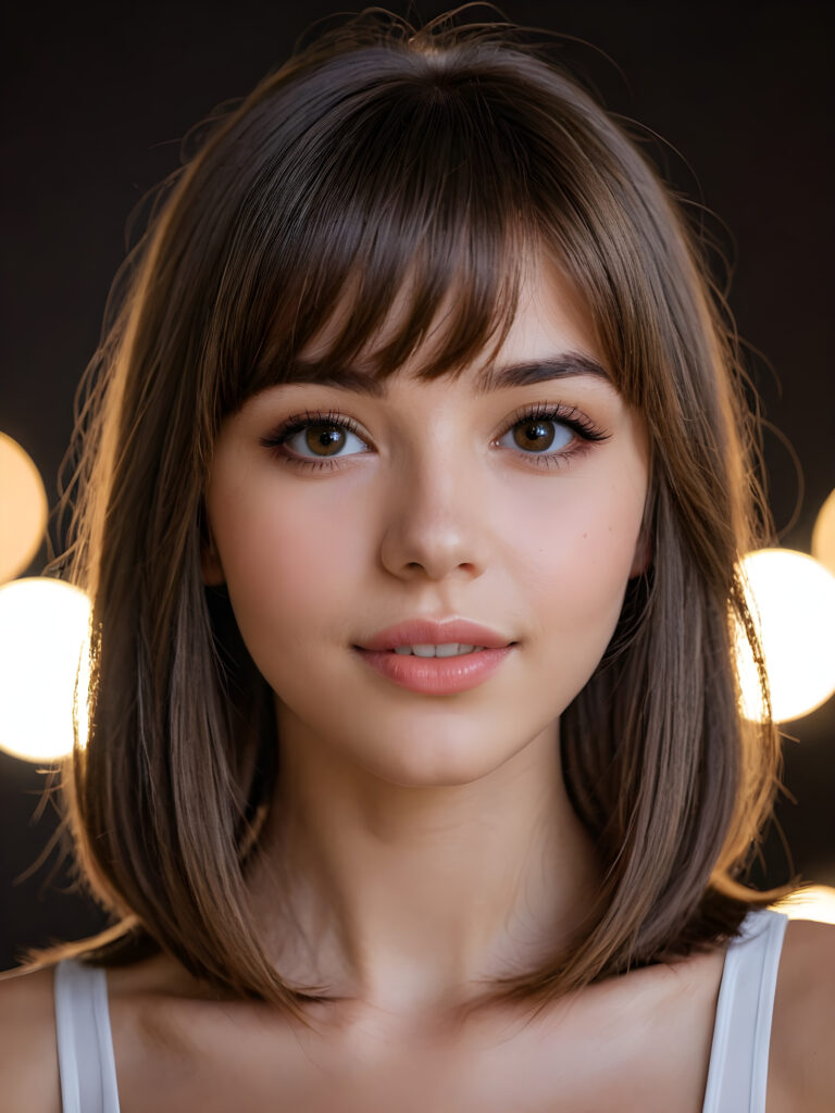 a realistic photo from a beautiful long bob brown haired teen girl, soft straight hair, bangs, realistic detailed close-up shot, skimpy and lightly dressed, full lips, ((dark eyes, her eyes shine)), full, plump lips, white teeth, open mouth