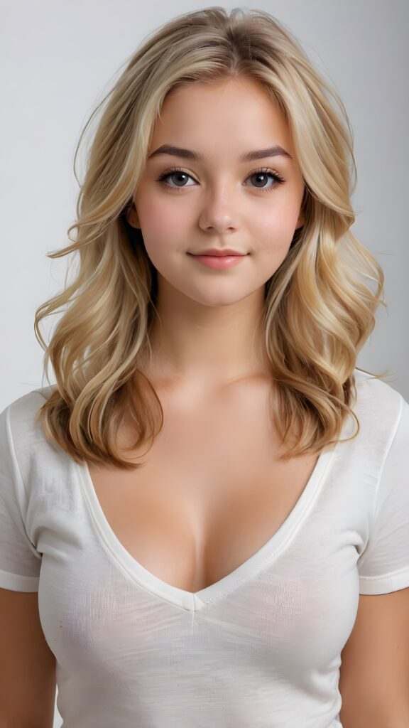 a realistic photo from a cute young busty blond teen girl, age 16, round face, and a sexy, womanly curves, jet soft hair, she wears a short cropped t-shirt, deep v-neck, open front