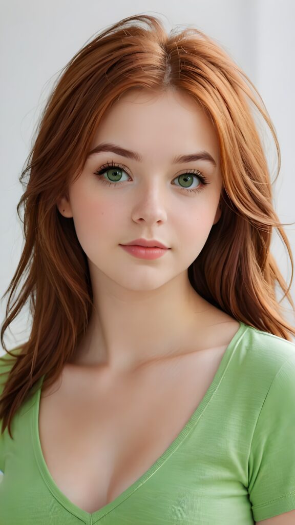 a realistic photo from a cute stunning young red haired teen girl, age 16, round face, and a sexy, womanly curves, she wears a short cropped t-shirt, deep v-neck, open front, soft jet straight hair, light green eyes, full lips