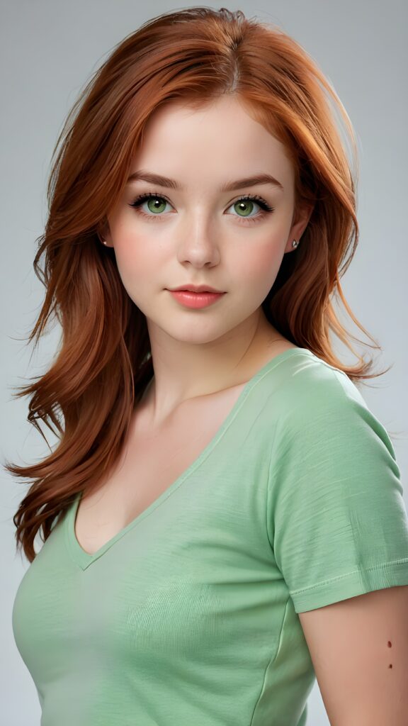 a realistic photo from a cute stunning young red haired teen girl, age 16, round face, and a sexy, womanly curves, she wears a short cropped t-shirt, deep v-neck, open front, soft jet straight hair, light green eyes, full lips