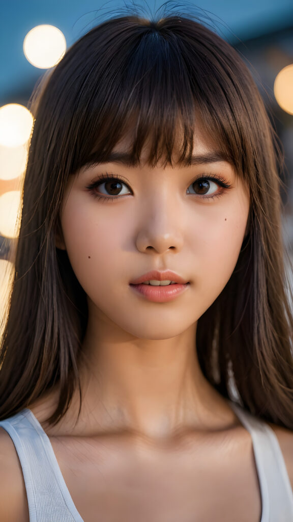 a realistic photo from a beautiful Japanese teen girl, 13 years old, soft straight hair, bangs cut, realistic detailed close-up shot, skimpy and lightly dressed, full lips, ((dark eyes)), full, plump lips, white teeth, open mouth, detailed beautiful shining eyes