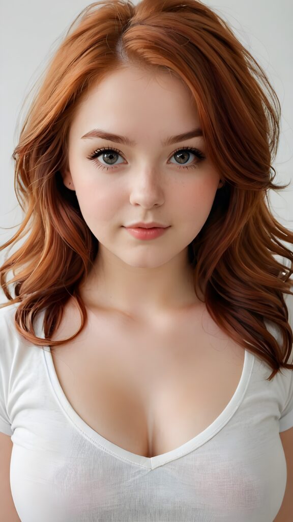 a realistic photo from a cute stunning young red haired teen girl, age 16, round face, and a sexy, womanly curves, she wears a short cropped t-shirt, deep v-neck, open front, soft hair