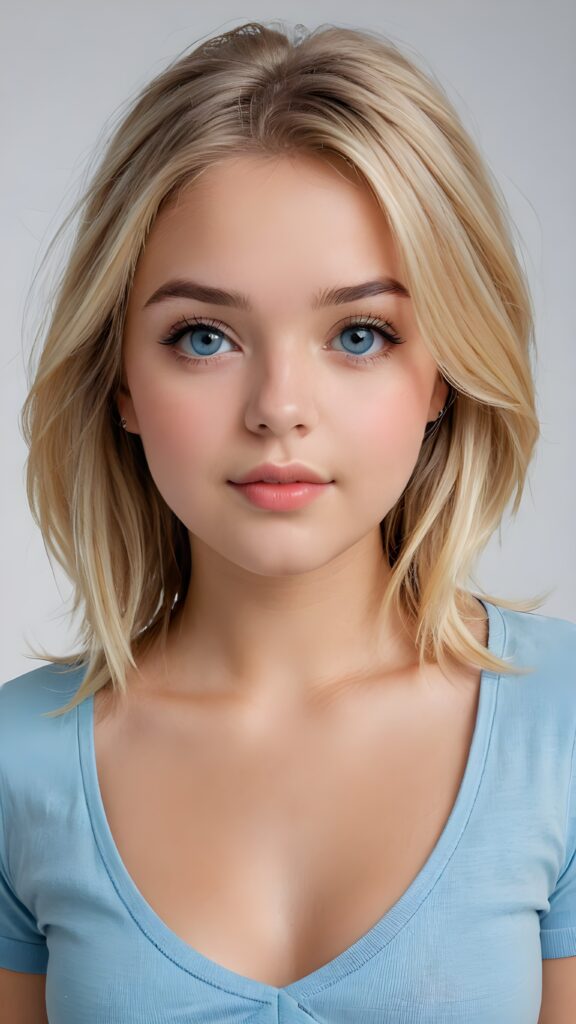 a realistic photo from a cute stunning young blond teen girl, age 16, round face, and a sexy, womanly curves, she wears a short cropped t-shirt, deep v-neck, open front, soft jet straight hair, light blue eyes, full lips