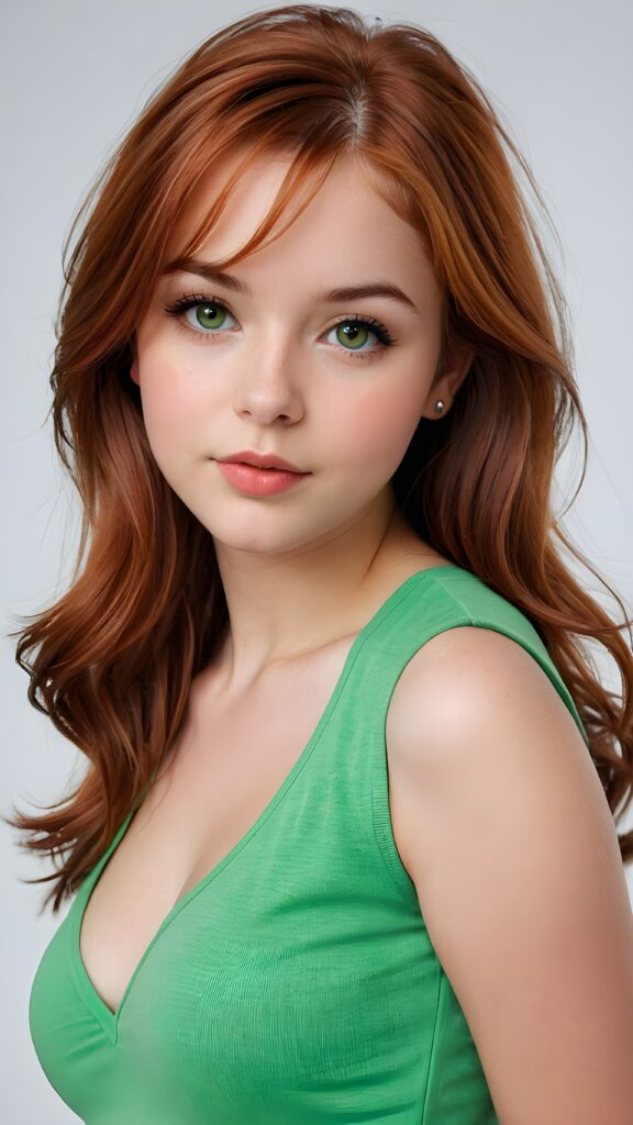 a realistic photo from a cute stunning young red haired teen girl, age 16, round face, and a sexy, womanly curves, she wears a short cropped t-shirt, deep v-neck, open front, soft jet straight hair, light green eyes, full lips