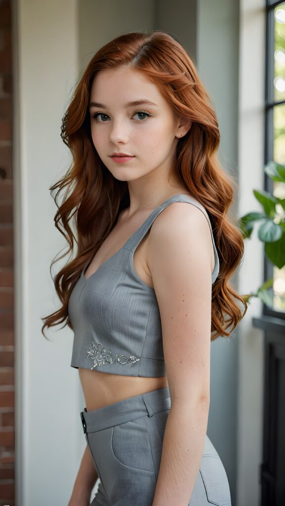 a realistic photograph showcasing a (((gorgeous young girl, 15 years old))), with intricate, softly wavy long auburn red hair styled in a sleek, precise side part, and a flawlessly contoured figure in a short, elegant grey crop top and matching cropped pants from a (side angle perspective)