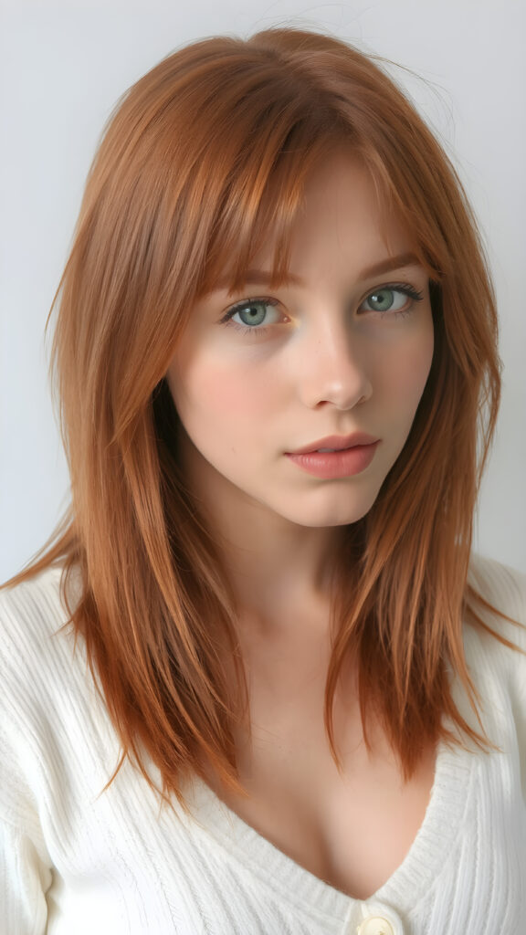 a realistic portrait photo, upper body ((view from the side)), from a cute stunning young red haired well busty teen girl, round face, and a sexy womanly curves, she wears a white sweater made of fine wool, deep v-neck, open front, soft jet straight hair, light green eyes, full lips