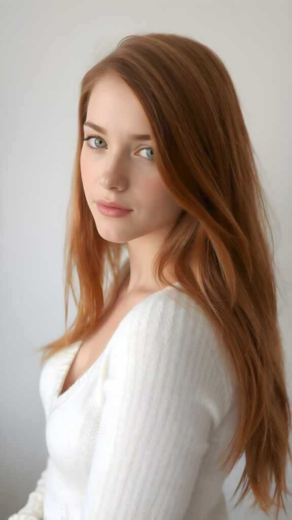 a realistic portrait photo, upper body ((view from the side)), from a cute stunning young red haired well busty teen girl, round face, and a sexy womanly curves, she wears a white sweater made of fine wool, deep v-neck, open front, soft jet straight hair, light green eyes, full lips