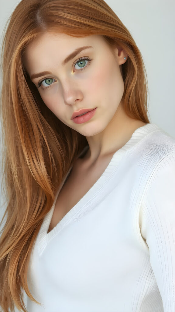 a realistic portrait photo, upper body ((view from the side)), from a cute stunning young red haired well busty teen girl, round face, and a sexy womanly curves, she wears a white sweater made of fine wool, deep v-neck, open front, soft jet straight hair, light green eyes, full lips