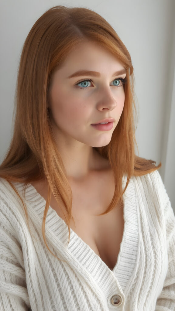 a realistic portrait photo, upper body ((view from the side)), from a cute stunning young red haired well busty teen girl, round face, and a sexy womanly curves, she wears a white sweater made of fine wool, deep v-neck, open front, soft jet straight hair, light green eyes, full lips