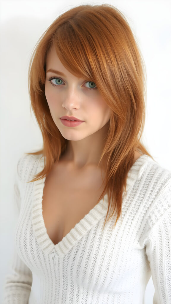 a realistic portrait photo, upper body ((view from the side)), from a cute stunning young red haired well busty teen girl, round face, and a sexy womanly curves, she wears a white sweater made of fine wool, deep v-neck, open front, soft jet straight hair, light green eyes, full lips