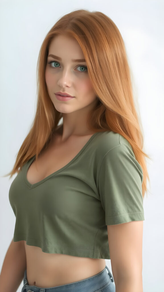 a realistic side portrait photo, upper body ((view from the side)), (1:3), from a cute stunning young red haired teen girl, round face, and a sexy womanly curves, she wears a short cropped t-shirt, deep v-neck, open front, soft jet straight hair, light green eyes, full lips