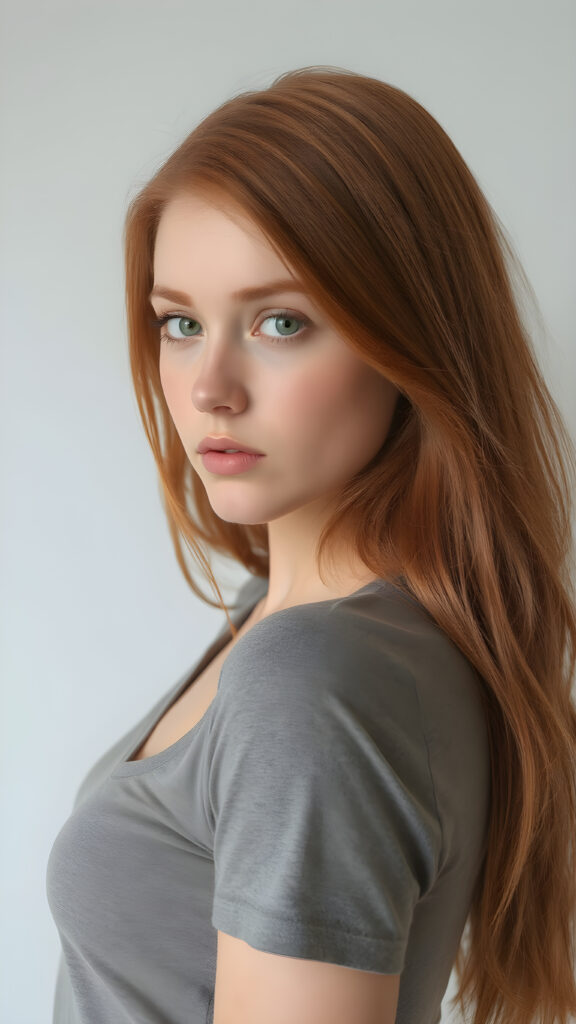 a realistic side portrait photo, upper body ((view from the side)), (1:3), from a cute stunning young red haired teen girl, round face, and a sexy womanly curves, she wears a short cropped t-shirt, deep v-neck, open front, soft jet straight hair, light green eyes, full lips