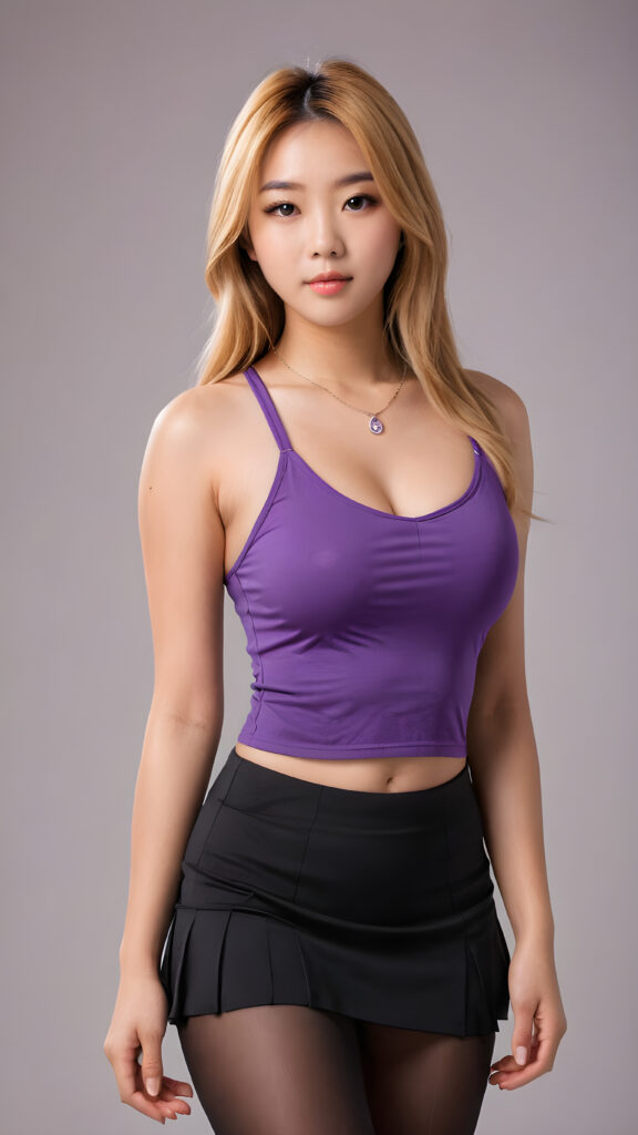 a realistic studio photo from (((a well busty young Japanese teen girl))), ((long straight blond-brown super soft hair)), ((full lips)), ((perfect round face)), dressed in a sleek ((form-fitting violet cropped tank top with deep v-neck)), ((black mini skirt)), accentuating her (((navel))), and a delicate ((small chain around her neck)), along with ((black tights)), posing confidently for the camera, exuding (((stunning beauty))) and (((flawless detail))), with a (((perfectly curved body)))