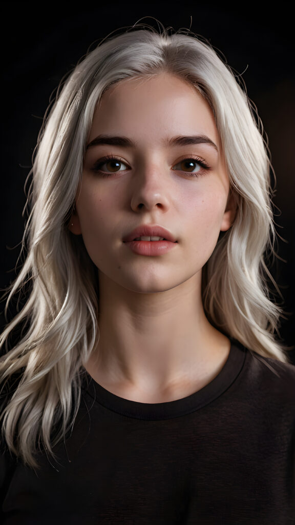 a realistic teen girl with pale grey hair, wears a brown t-shirt, dark black background, looks sleepily into the camera and has his mouth slightly open. She has full lips. Perfect curtved body.