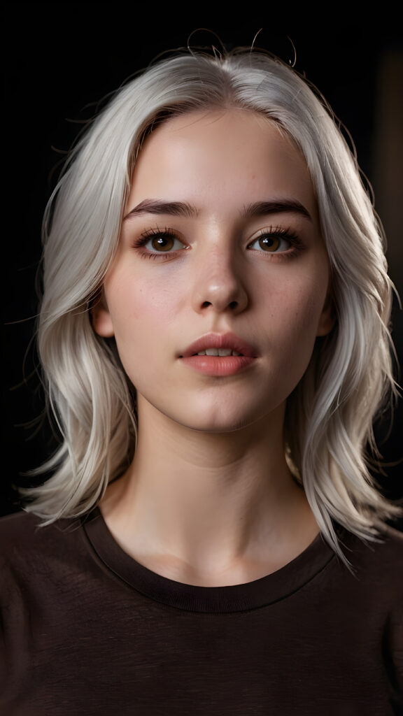 a realistic teen girl with pale grey hair, wears a brown t-shirt, dark black background, looks sleepily into the camera and has his mouth slightly open. She has full lips. Perfect curtved body.