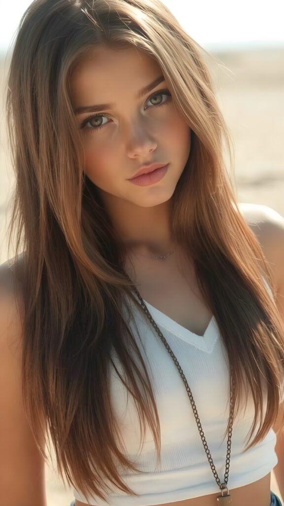 a realistic upper body photo, featuring a (((beautifully stunning and gorgeous young teen girl))) with luxurious ((long, straight jet light brown soft hair and ((bright amber eyes)), plumps lips, she looks seductively, dressed in a (((tight white crop top tank top, deep v-neck))), show her belly button, against a sunny backdrop