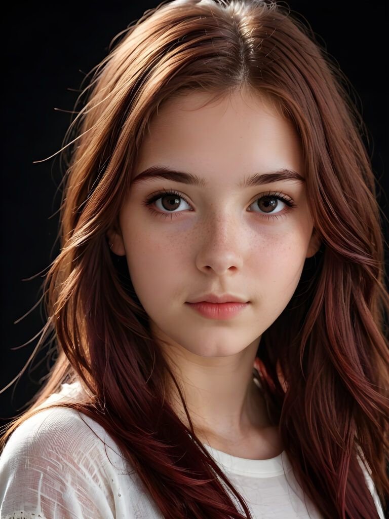 a (((realistically teenage girl, 15 years old))) with highly detailed, expressive eyes and a beautifully drawn face, framed by (((soft, flowing straight maroon hair))), illuminated by (cinematic, highlights) in a (close-up shot), exuding an air of innocent, wholesomeness, perfect shadow and light, ((black background))