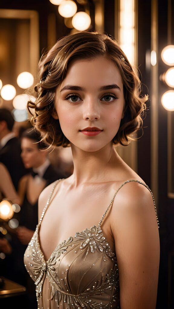 a (((realistically gorgeous young lady))) from the 1920s era, elegantly dressed in a classic style, with a soft focus filter that gives her a vintage air, under luxurious (((cinematic lights))), exuding an air of timeless beauty and sophistication