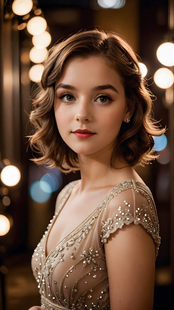 a (((realistically gorgeous young lady))) from the 1920s era, elegantly dressed in a classic style, with a soft focus filter that gives her a vintage air, under luxurious (((cinematic lights))), exuding an air of timeless beauty and sophistication